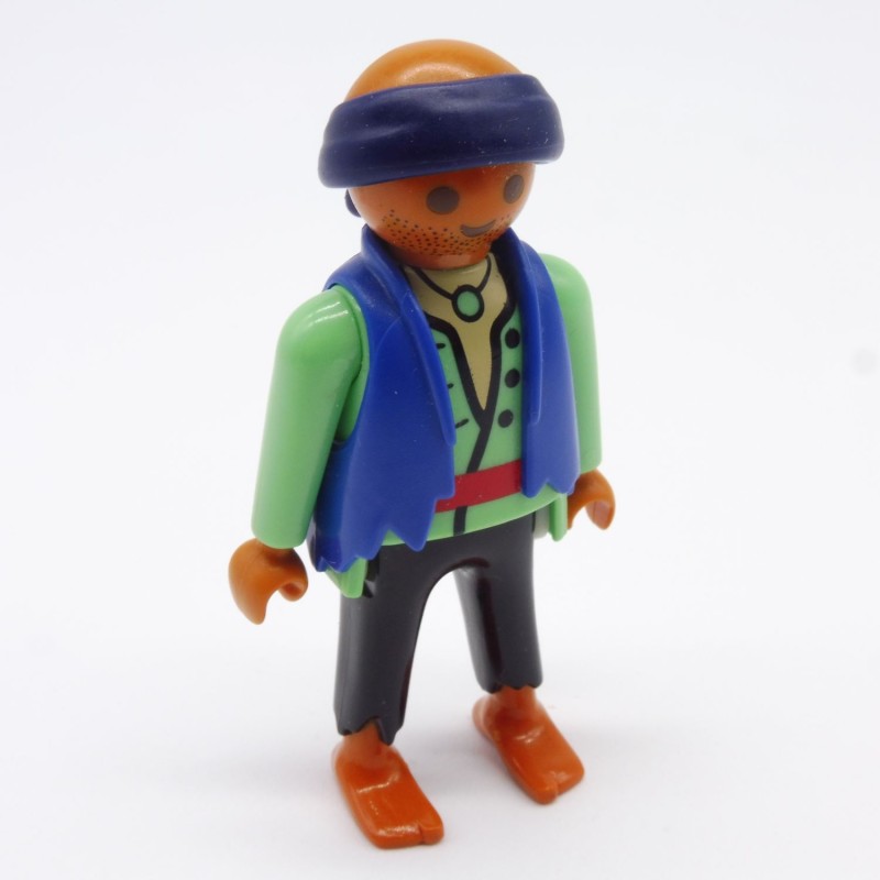 Playmobil 12396 Hispanic Pirate Man Pastel Green and Black Barefoot Bald Blue Vest