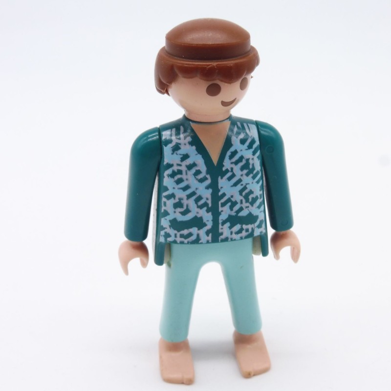 Playmobil homme en pyjama bleu et vert cheveux abimés
