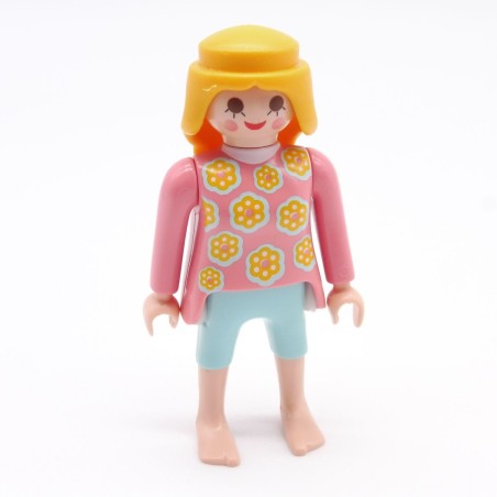 Playmobil 39837 Femme Rose Bermuda Bleu Fleurs Jaunes Pieds Nus